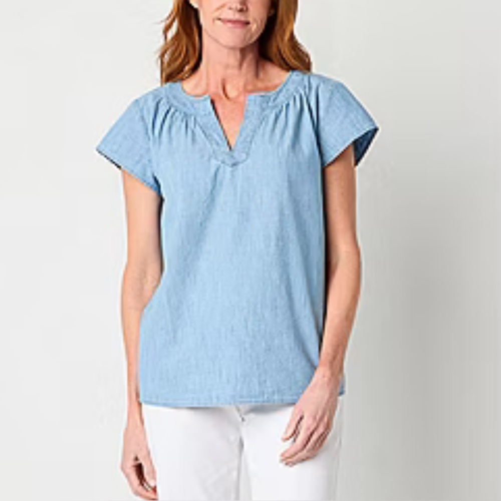 St. John's Bay Womens Split Crew Neck Short Sleeve Embroidered Blouse. Size XXL